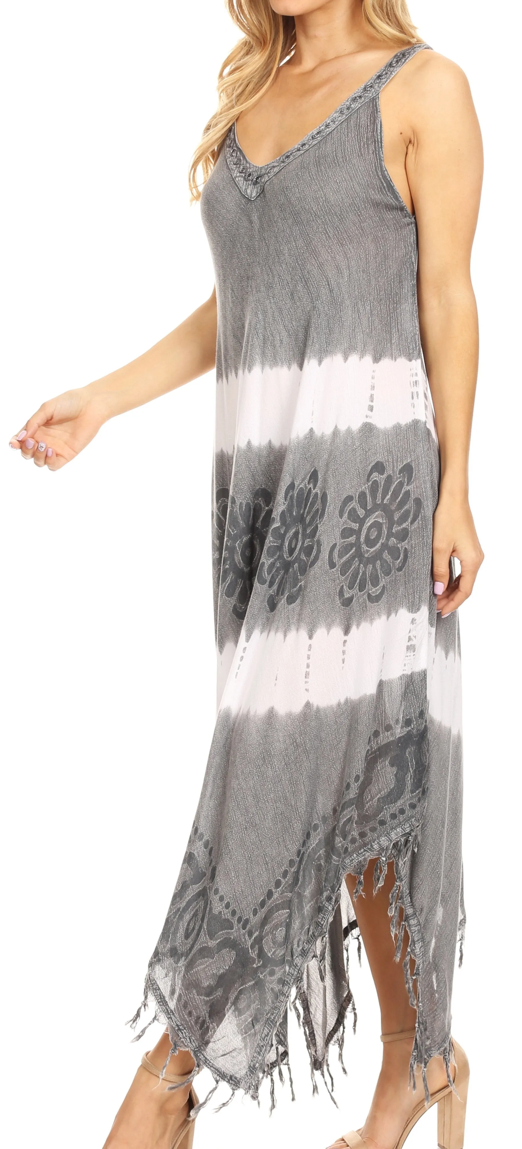 Sakkas Lupe Women's Casual Summer Fringe Maxi Loose V-neck High-low Dress Cover-up