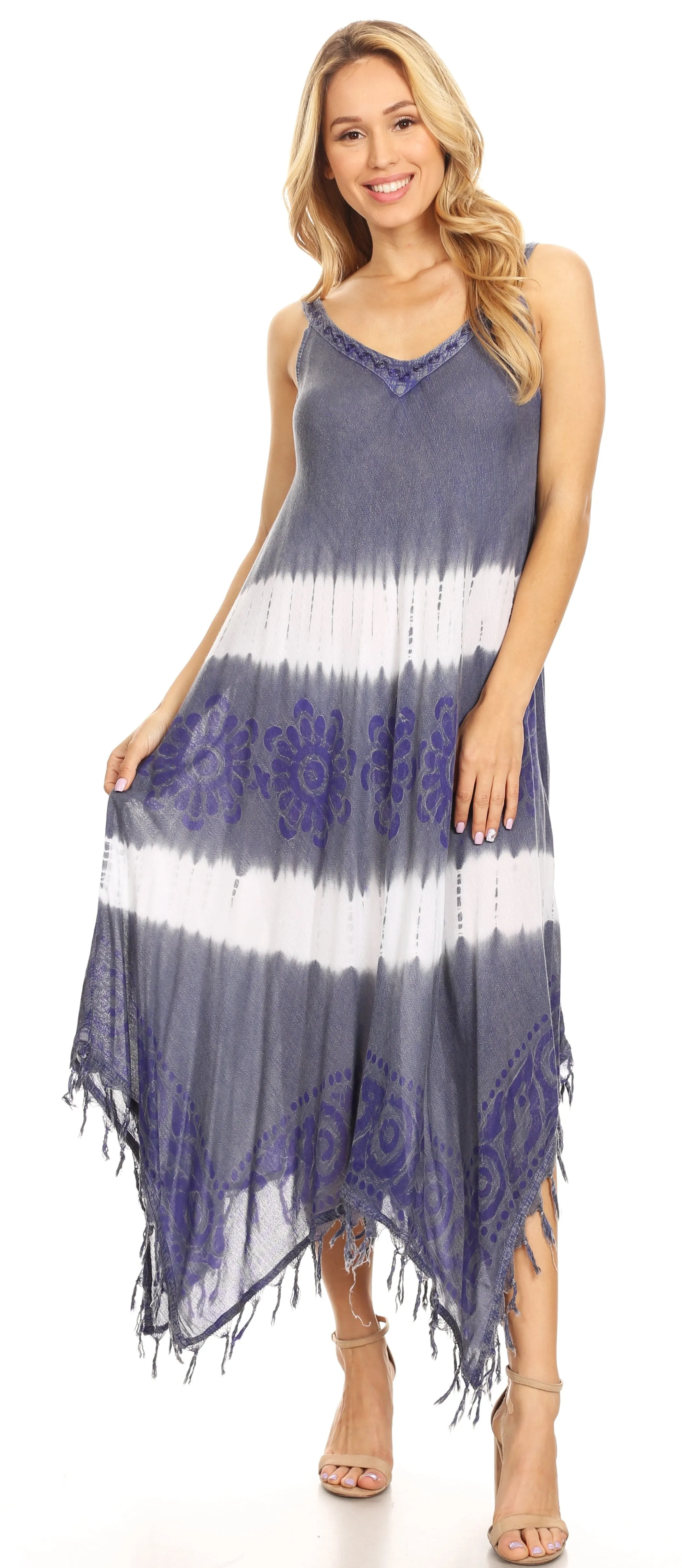 Sakkas Lupe Women's Casual Summer Fringe Maxi Loose V-neck High-low Dress Cover-up