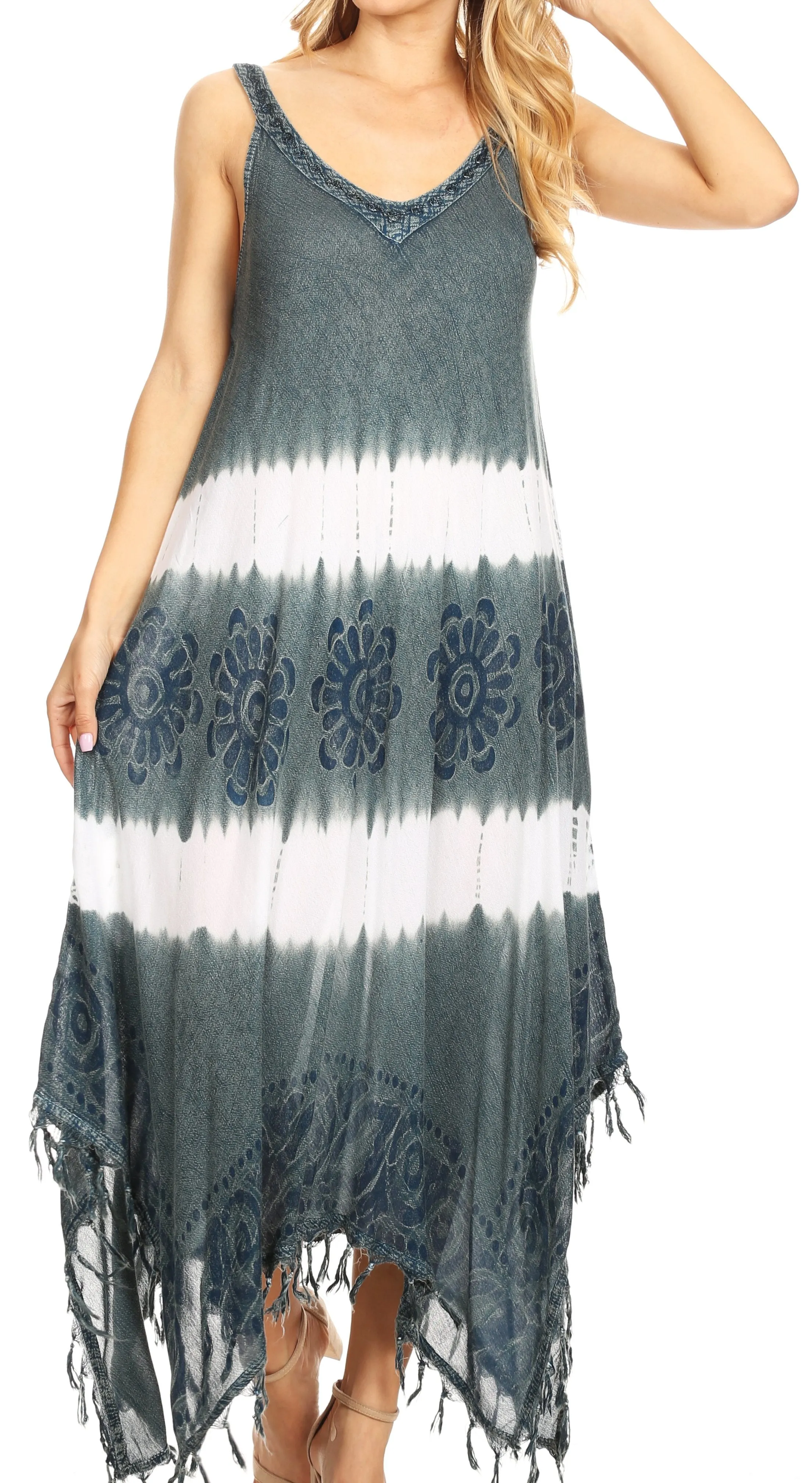 Sakkas Lupe Women's Casual Summer Fringe Maxi Loose V-neck High-low Dress Cover-up