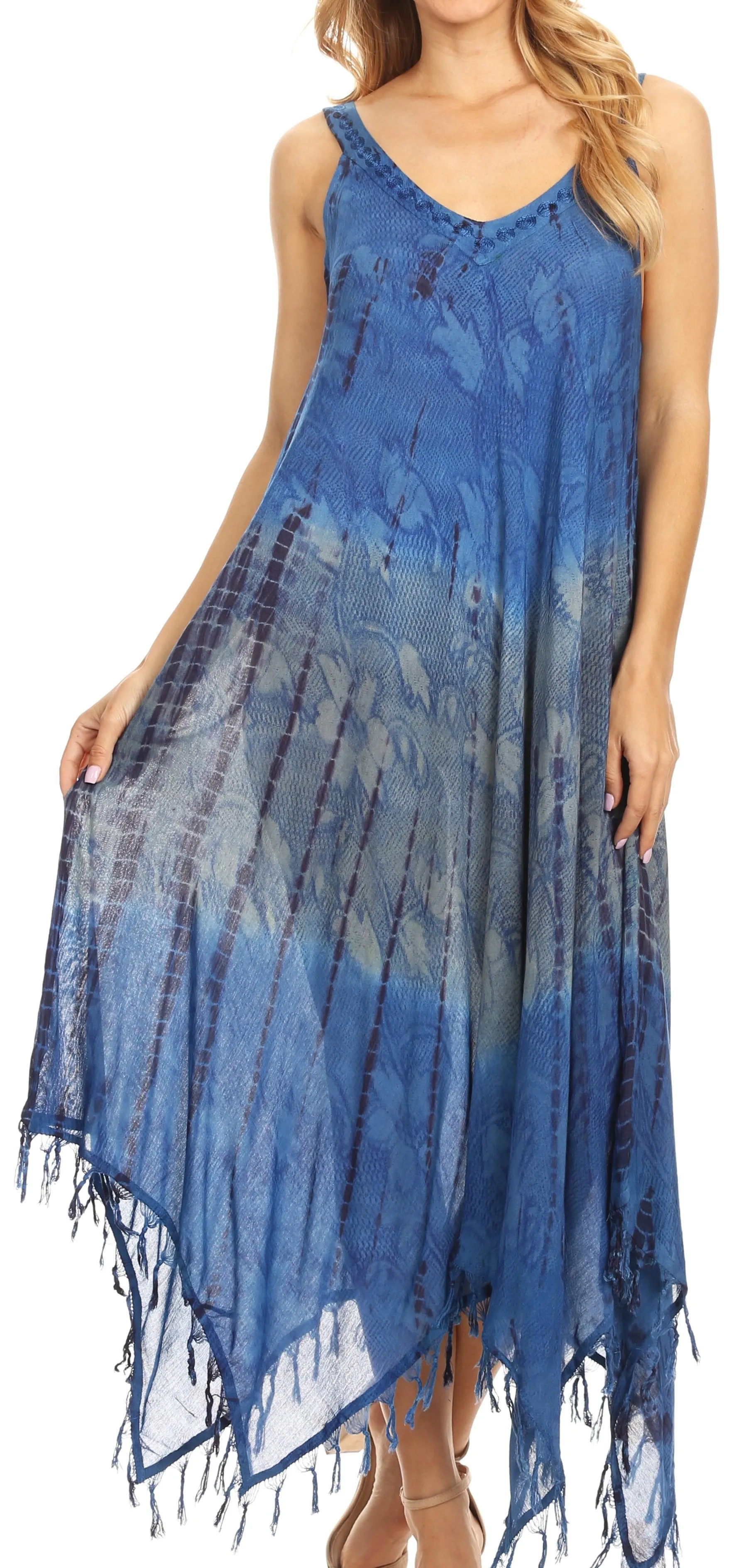 Sakkas Lupe Women's Casual Summer Fringe Maxi Loose V-neck High-low Dress Cover-up