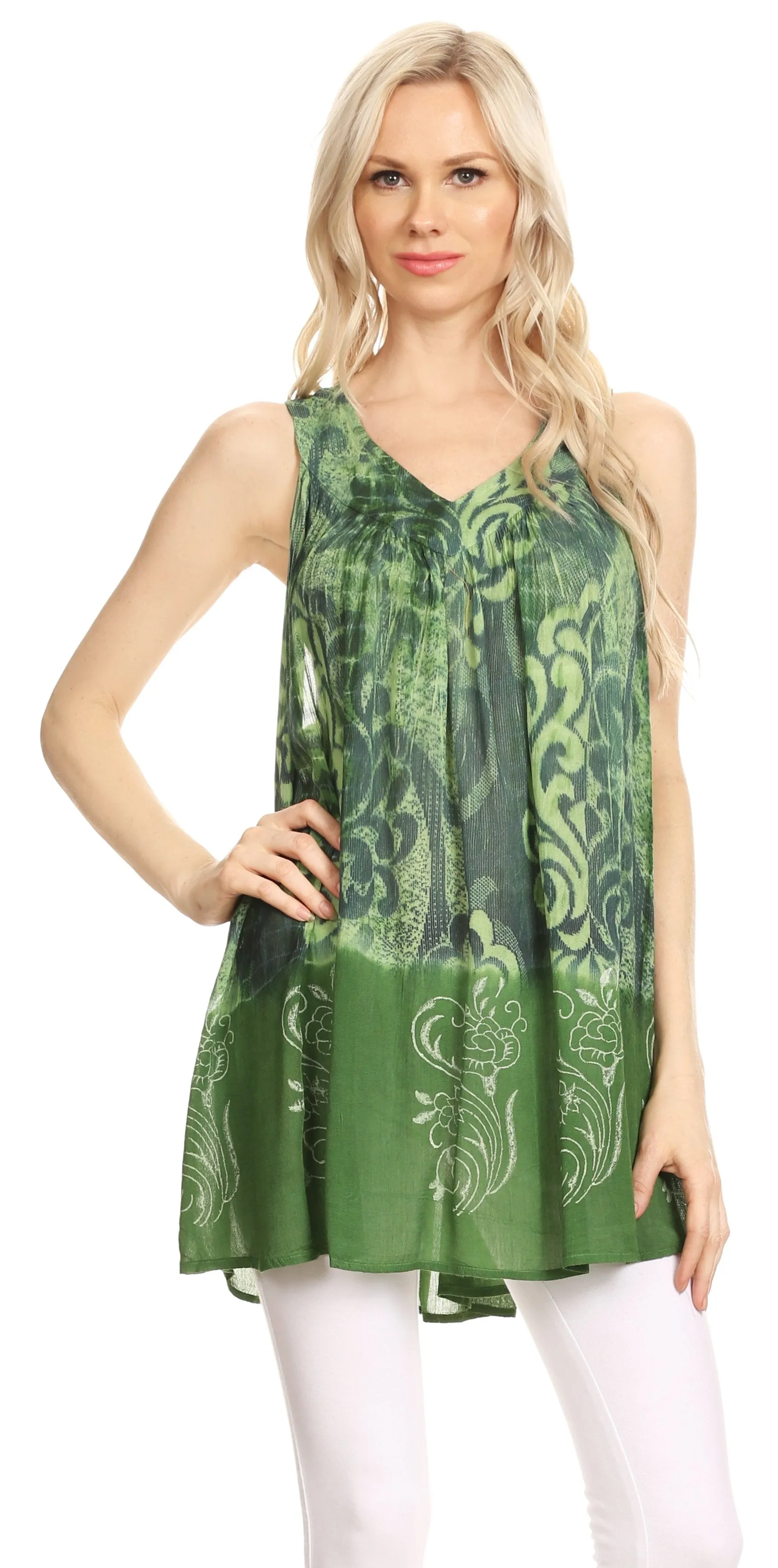 Sakkas Marie Sleeveless Crinkle V-neck Tank Top with Print