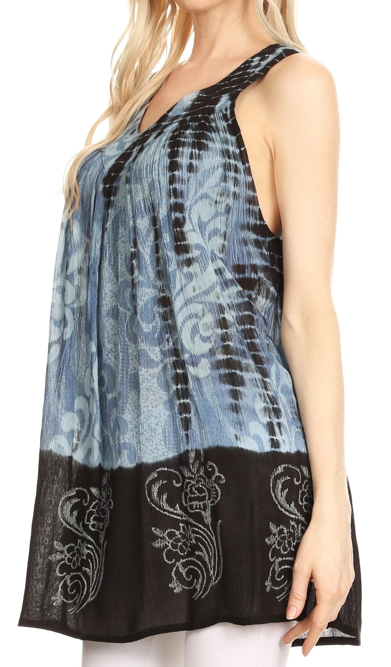 Sakkas Marie Sleeveless Crinkle V-neck Tank Top with Print