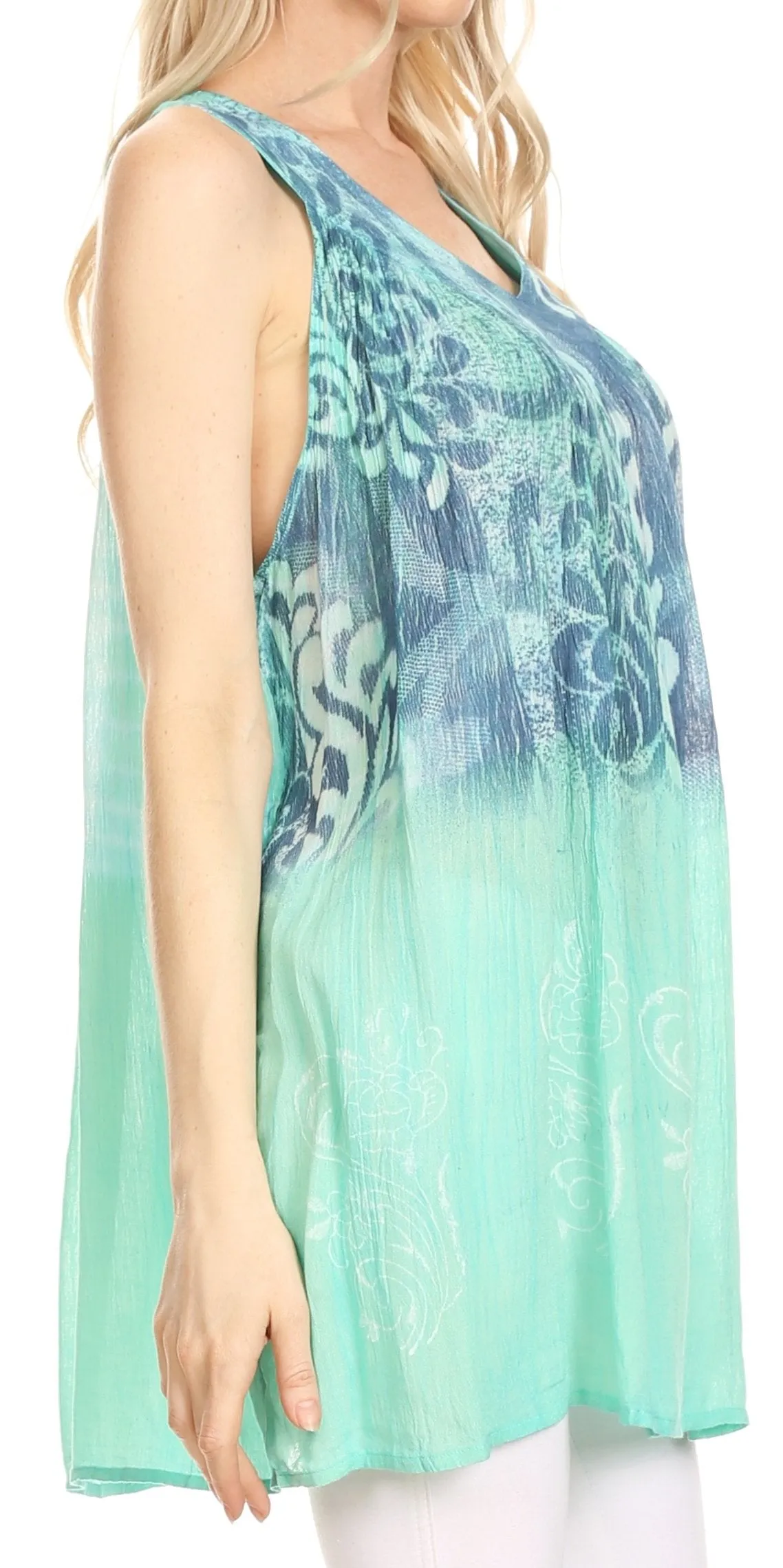 Sakkas Marie Sleeveless Crinkle V-neck Tank Top with Print