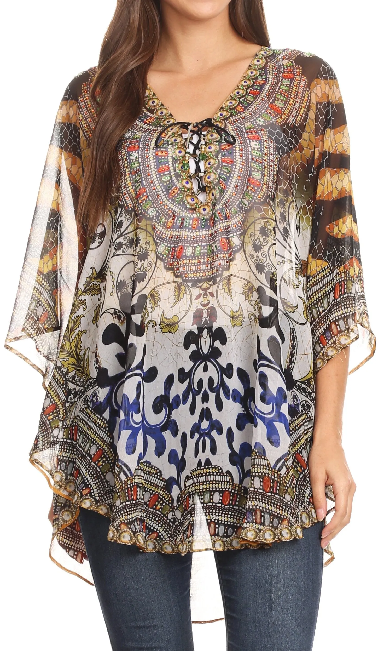 Sakkas Sloane Women's Printed V Neck Loose Fit Casual Circle Top Blouse with Ties