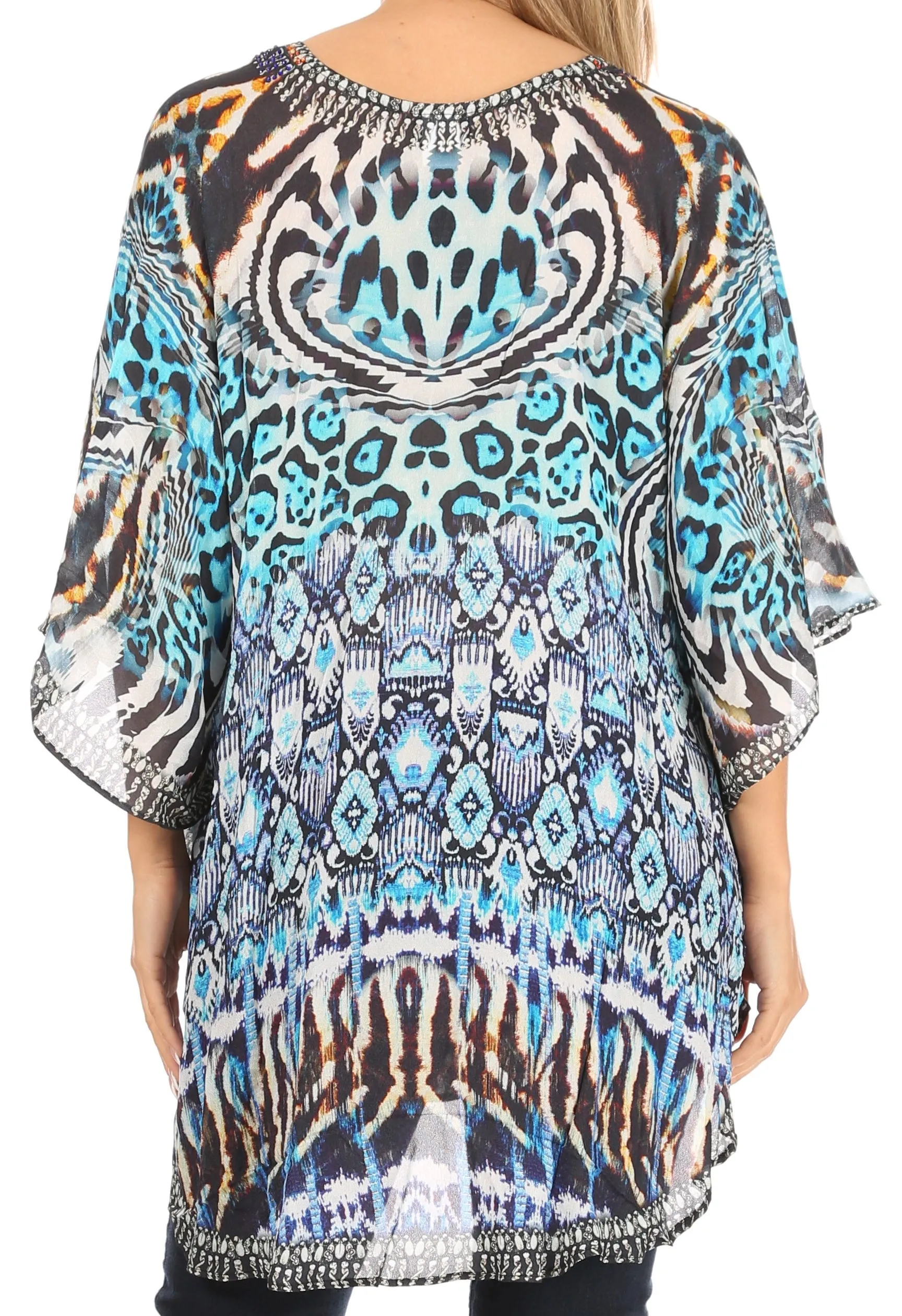 Sakkas Sloane Women's Printed V Neck Loose Fit Casual Circle Top Blouse with Ties