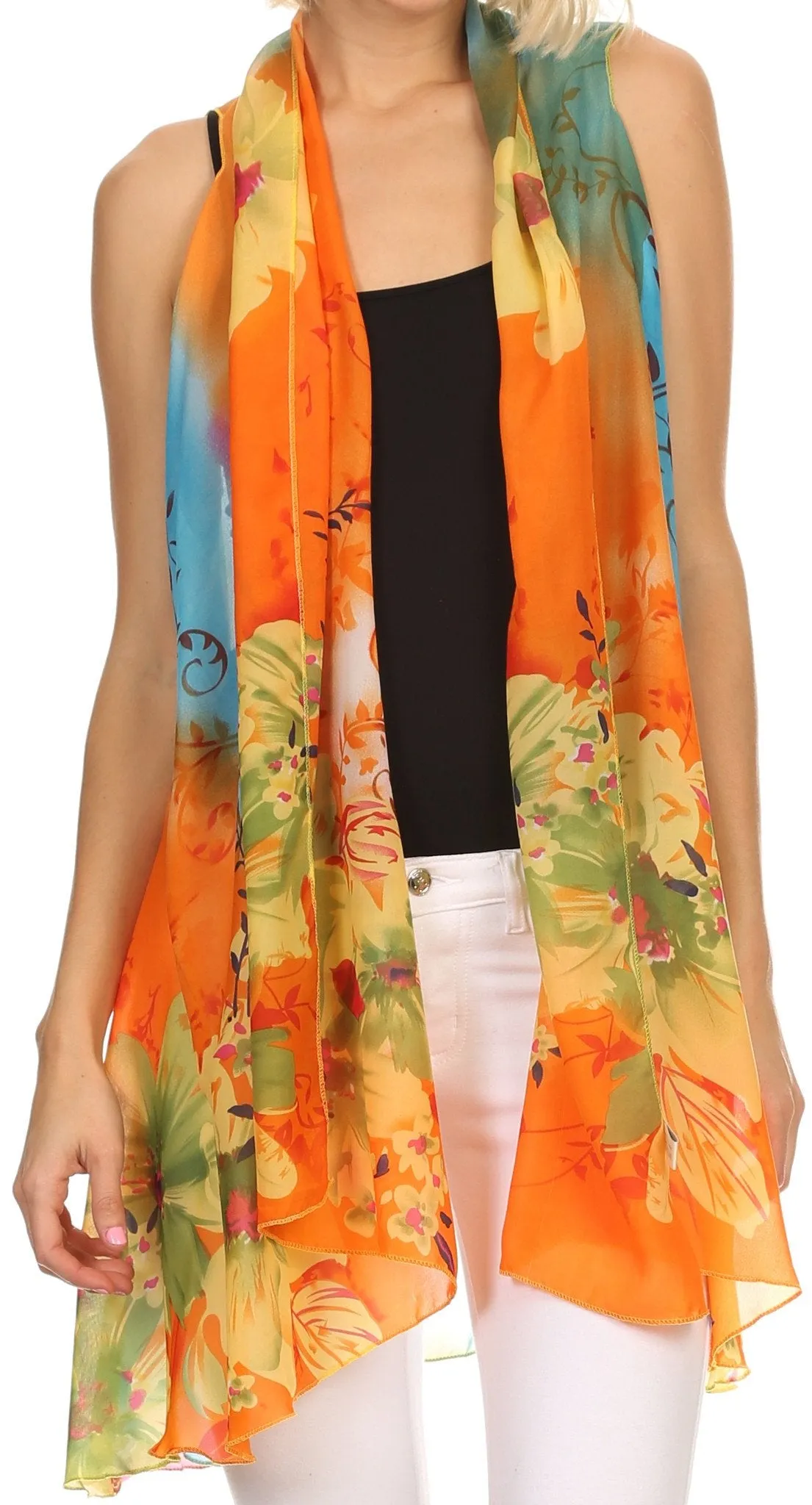 Sakkas Taommy Long Sleeveless Ombre Silky Draped Summer Floral Pattern Kimono