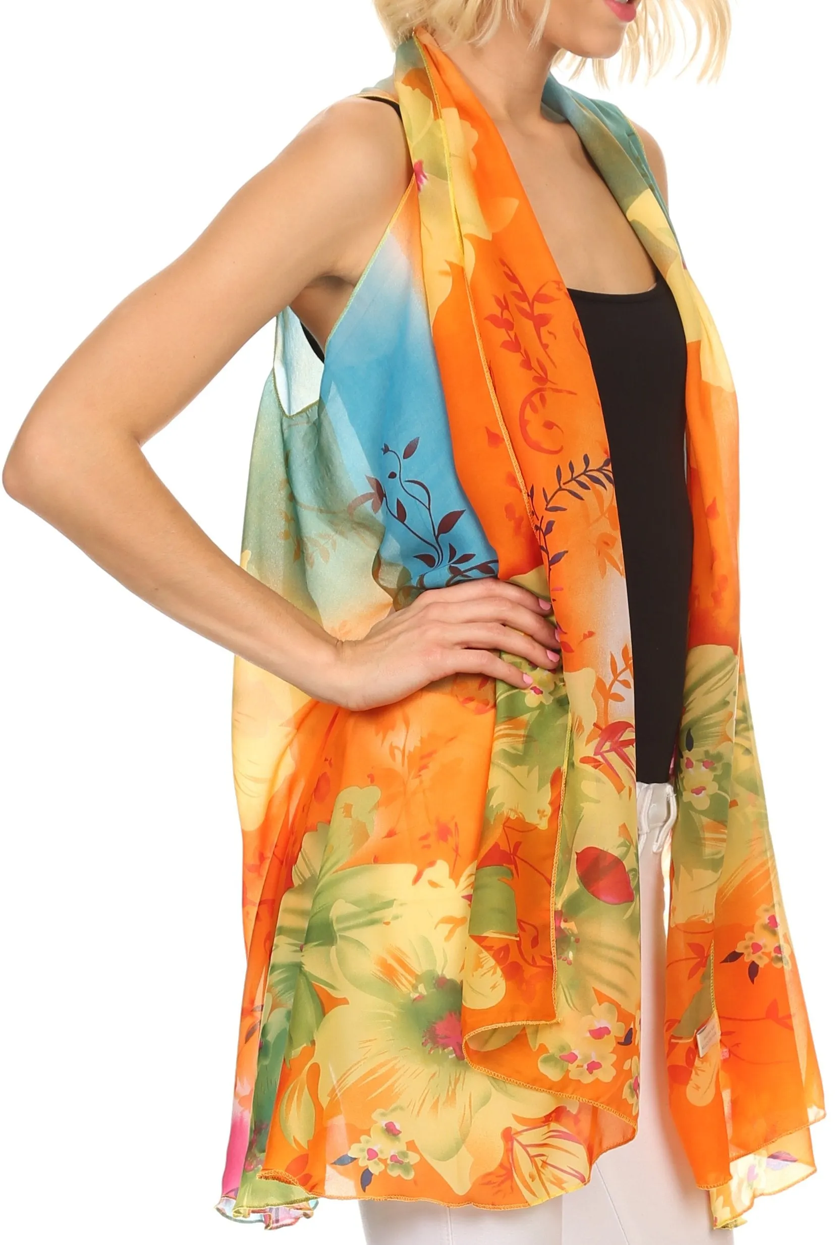 Sakkas Taommy Long Sleeveless Ombre Silky Draped Summer Floral Pattern Kimono