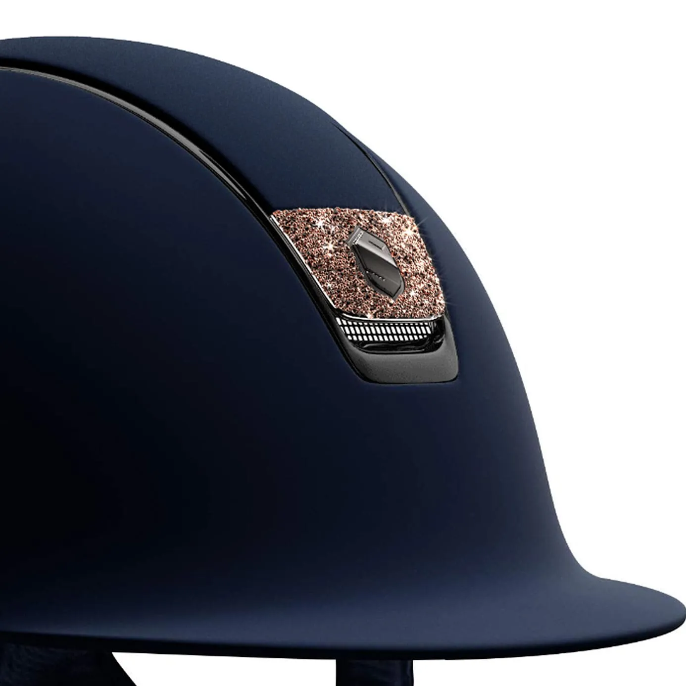 Samshield V1 Navy Shadowmatt Riding Hat with Metallic Rose Crystal Fabric Blazon