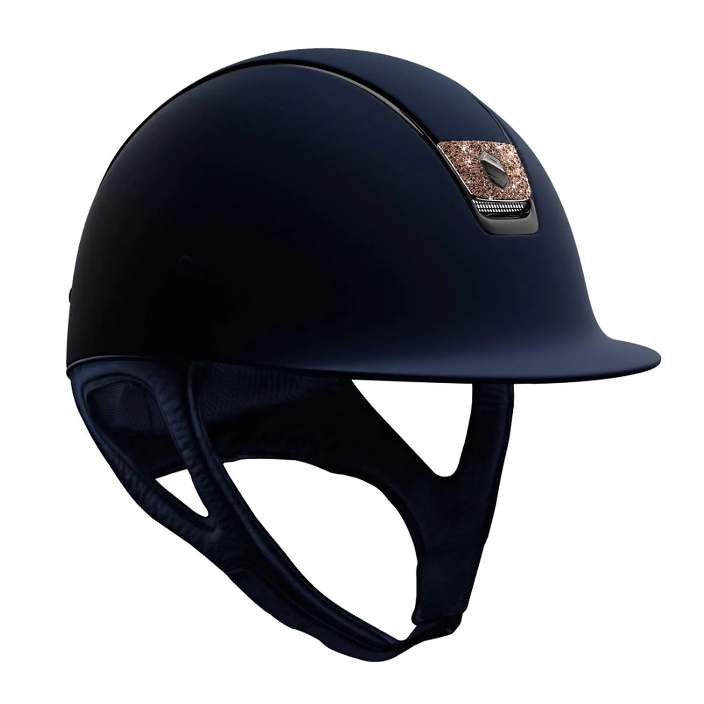 Samshield V1 Navy Shadowmatt Riding Hat with Metallic Rose Crystal Fabric Blazon