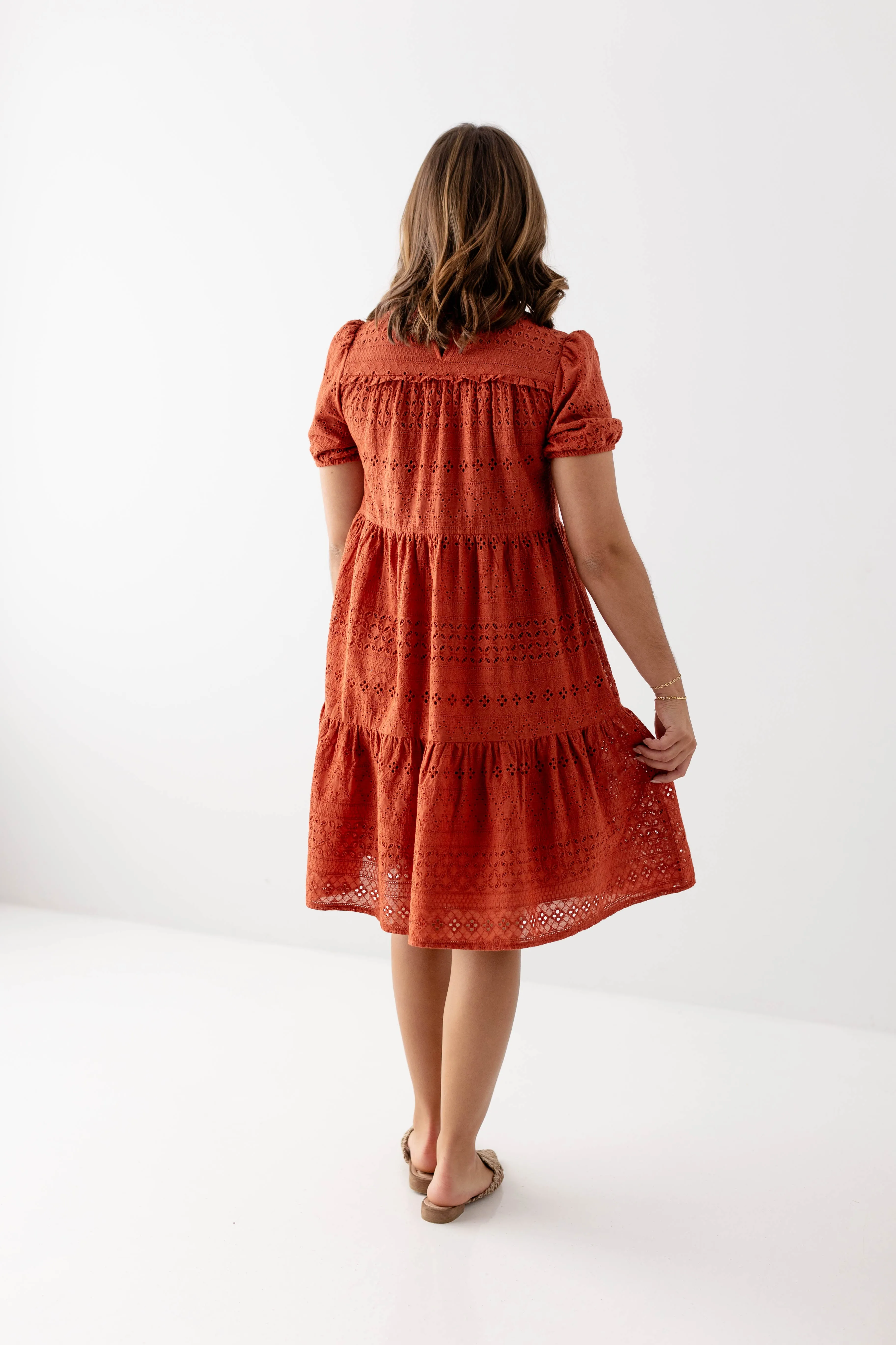 'Simone' Eyelet Tiered Midi Dress in Rust FINAL SALE