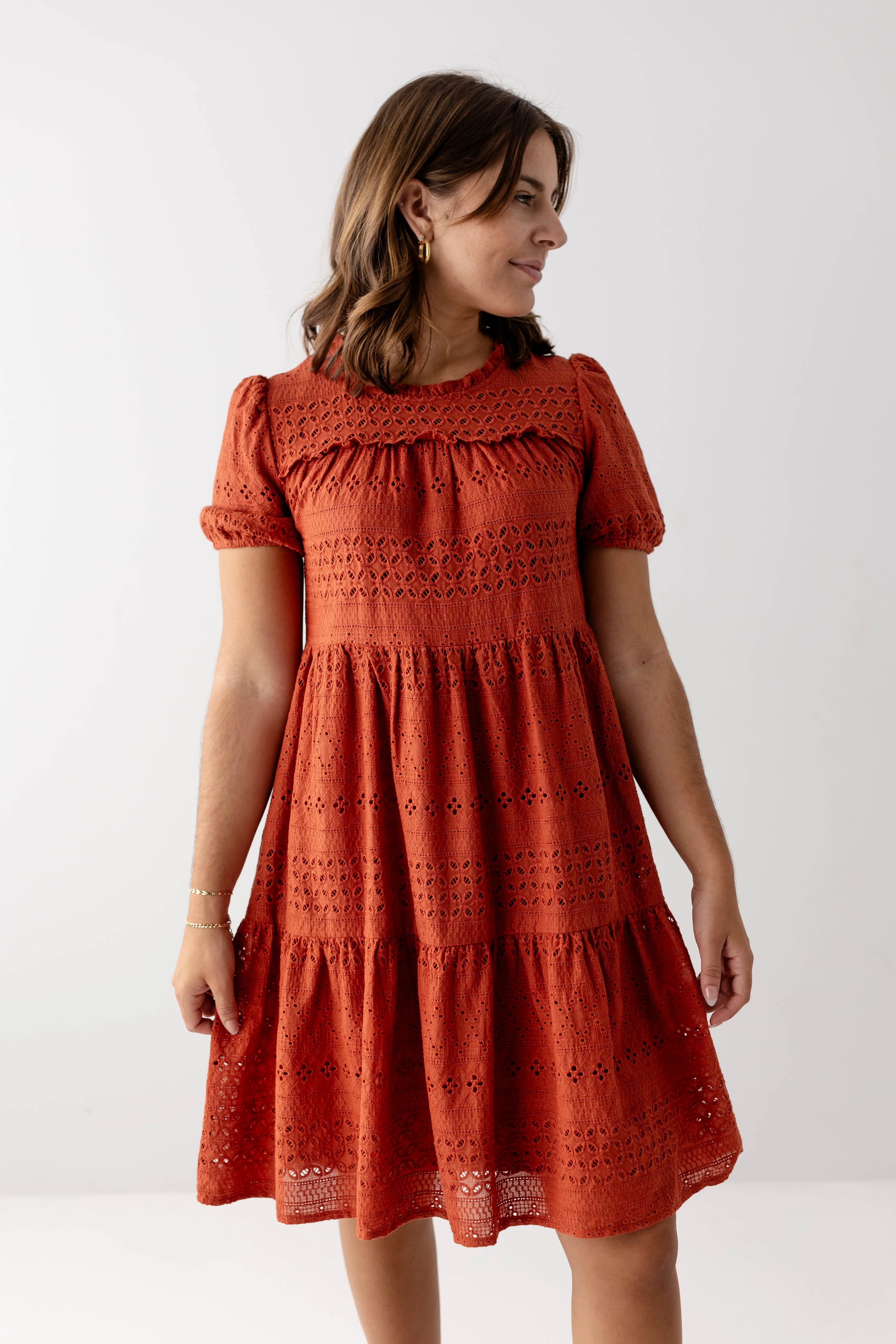 'Simone' Eyelet Tiered Midi Dress in Rust FINAL SALE