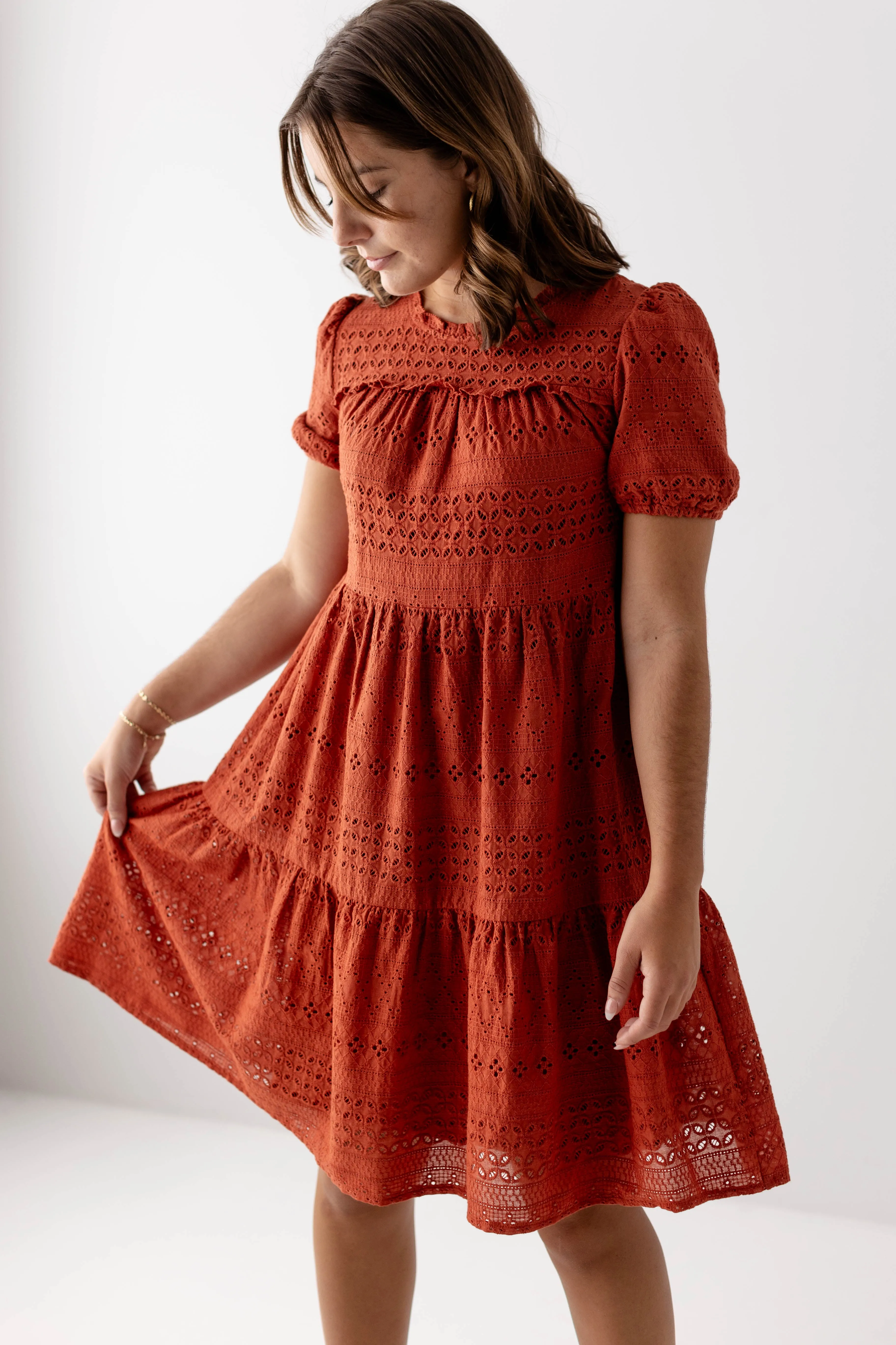 'Simone' Eyelet Tiered Midi Dress in Rust FINAL SALE