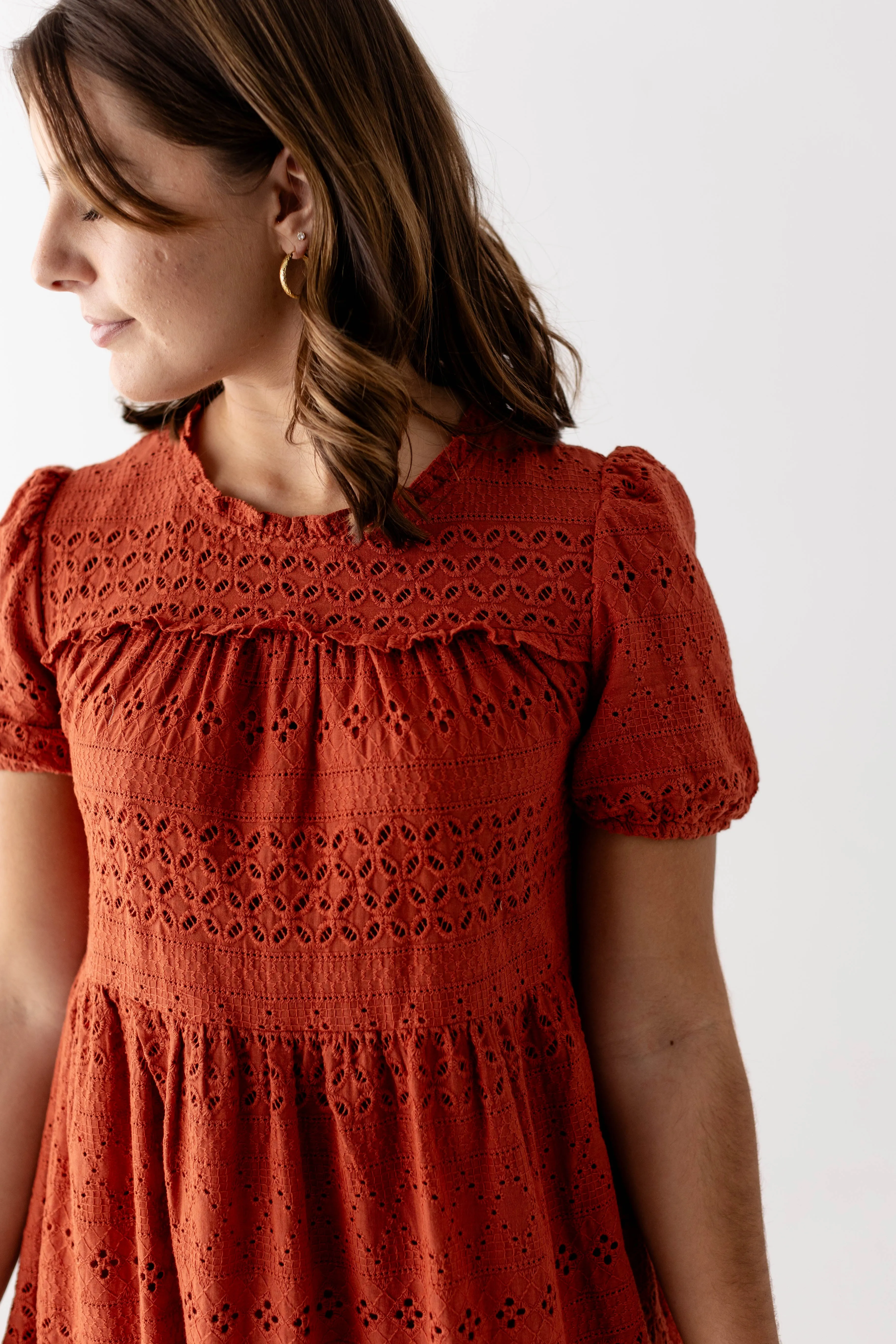 'Simone' Eyelet Tiered Midi Dress in Rust FINAL SALE