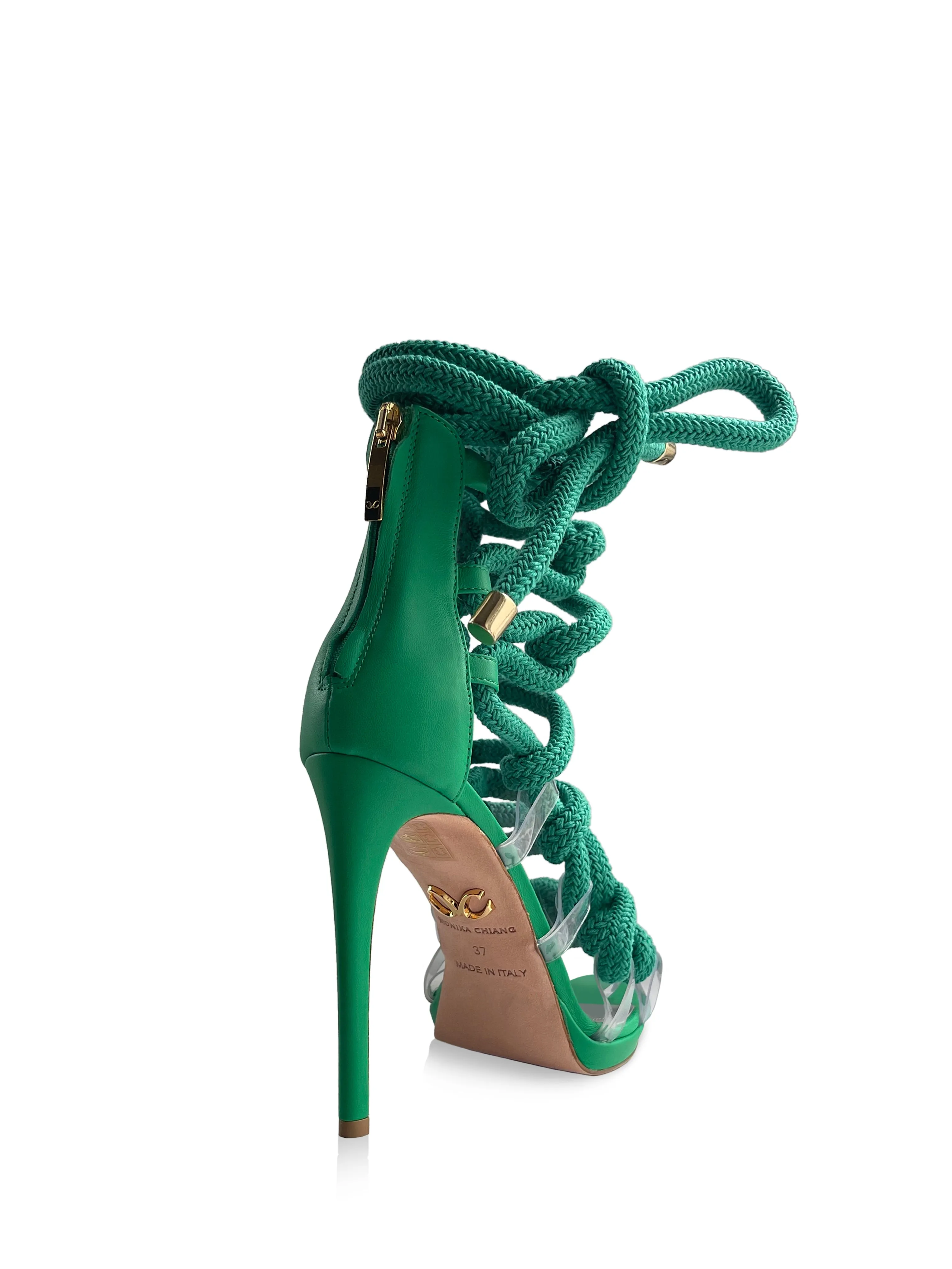 SOFIA EMERALD LEATHER & ROPE SANDALS