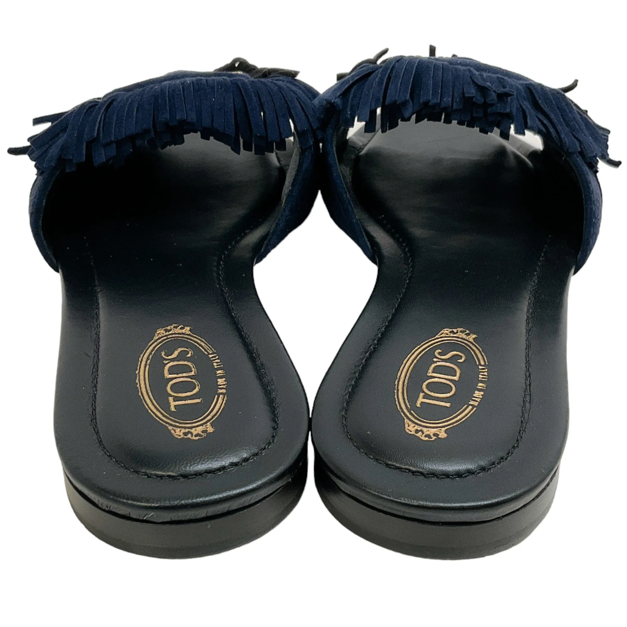 Tod's Black / Navy Blue Suede Fringe Buckle Sandals