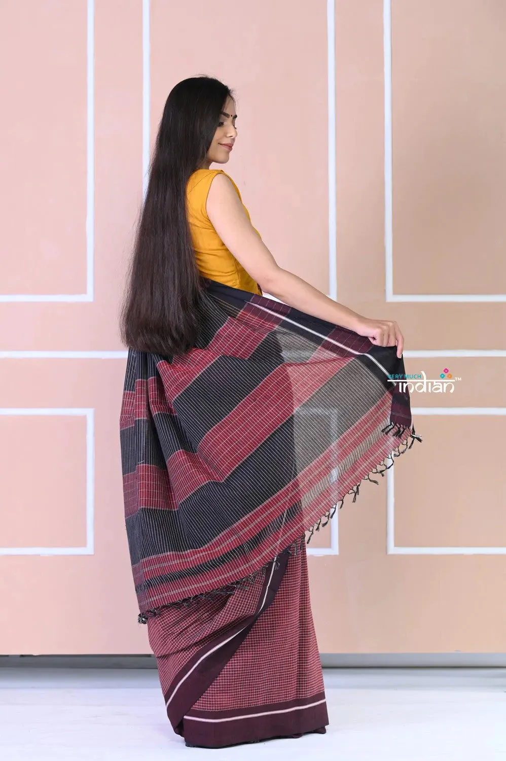 Traditional Patteda Anchu Ilkal Handloom Saree~ Cast Brown with Brown Border