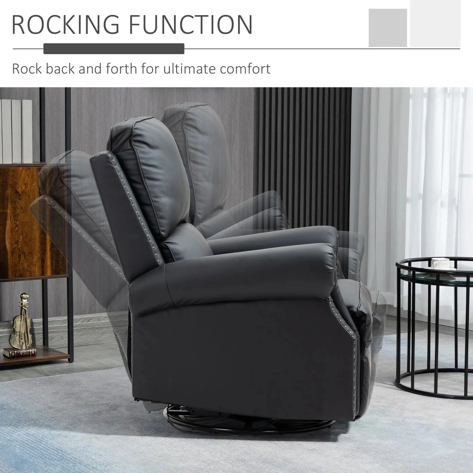 Traditional Swivel Rocker Reclining Chair with Nail Head Trim in Faux Leather