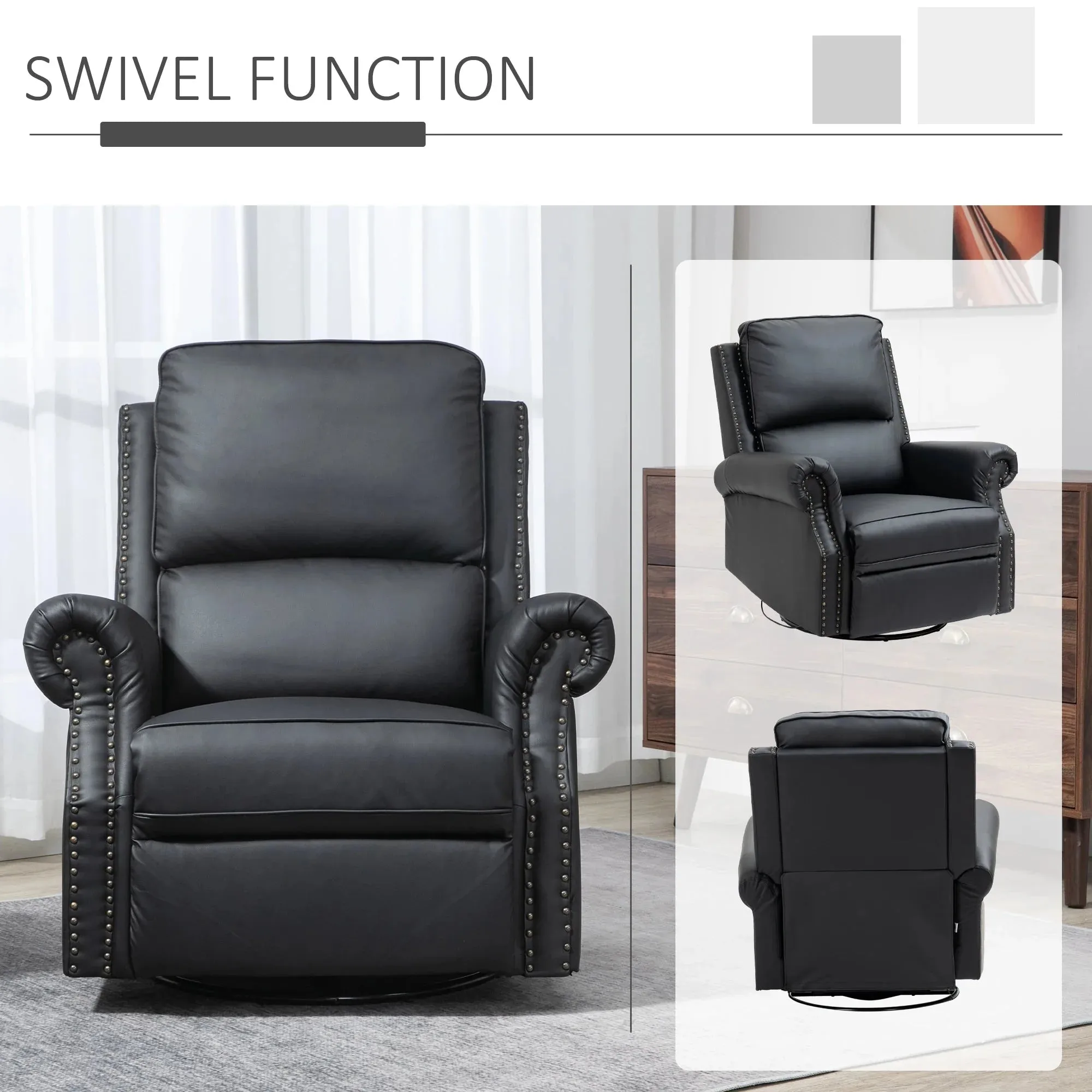 Traditional Swivel Rocker Reclining Chair with Nail Head Trim in Faux Leather