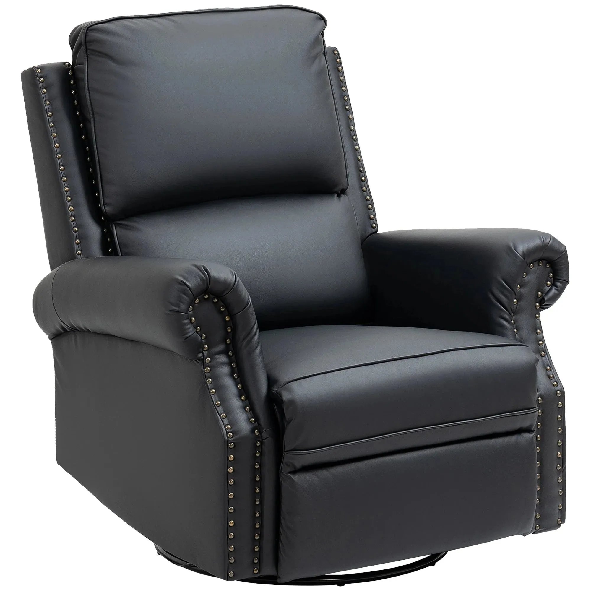 Traditional Swivel Rocker Reclining Chair with Nail Head Trim in Faux Leather