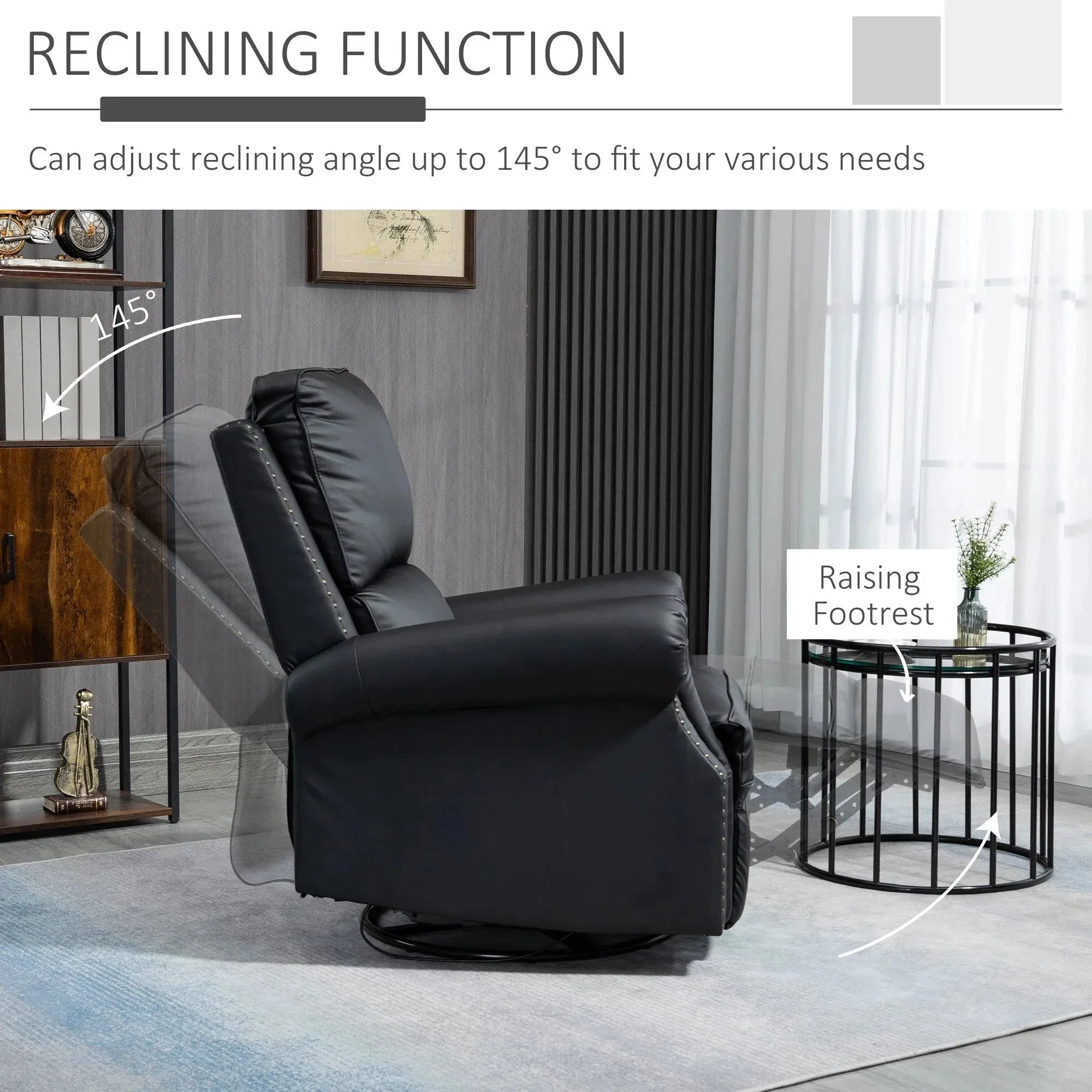 Traditional Swivel Rocker Reclining Chair with Nail Head Trim in Faux Leather