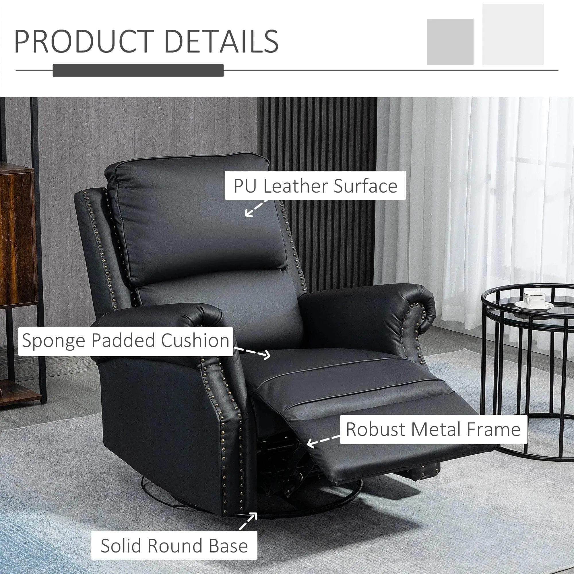 Traditional Swivel Rocker Reclining Chair with Nail Head Trim in Faux Leather