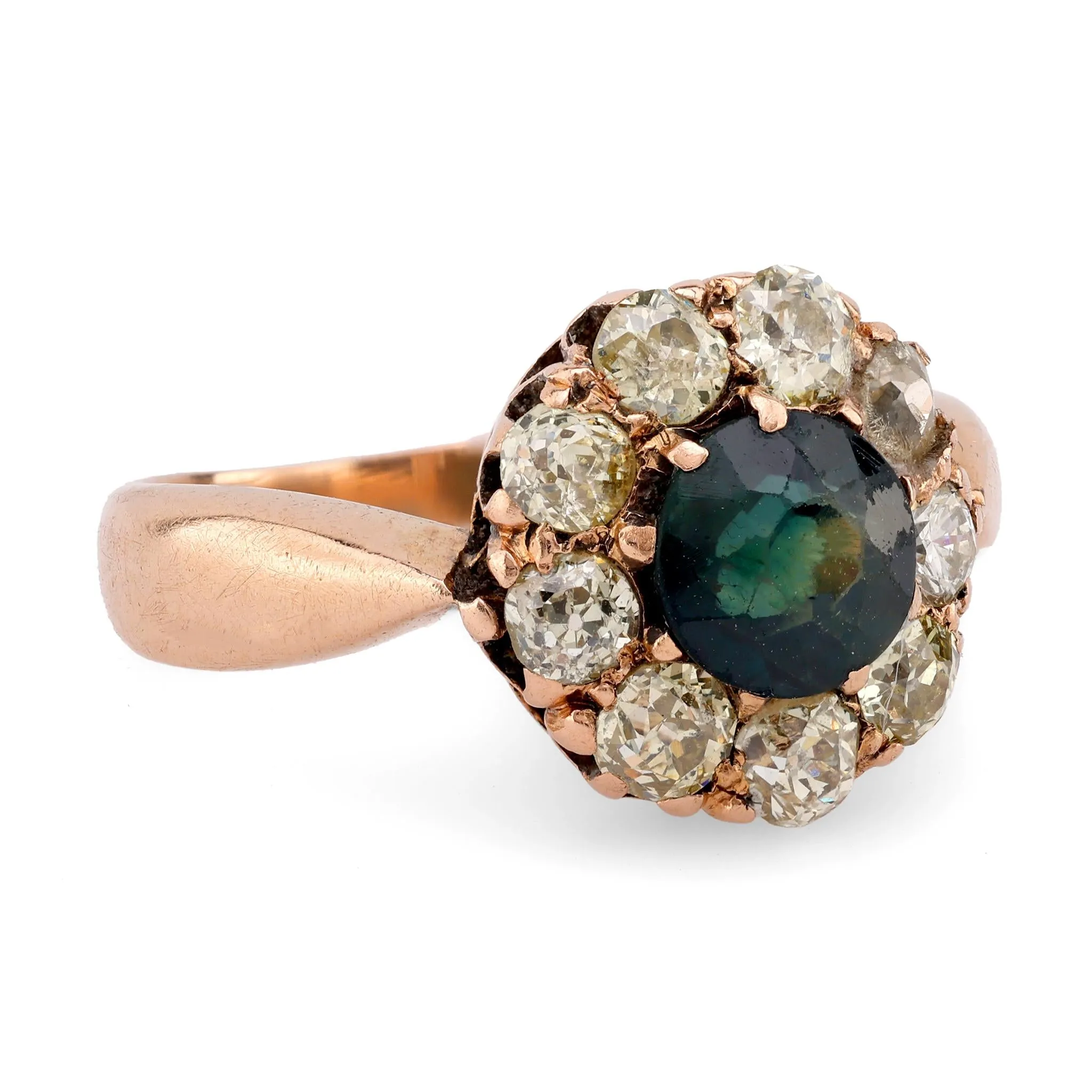 Victorian Sapphire Diamond 18K Rose Gold Cluster Ring