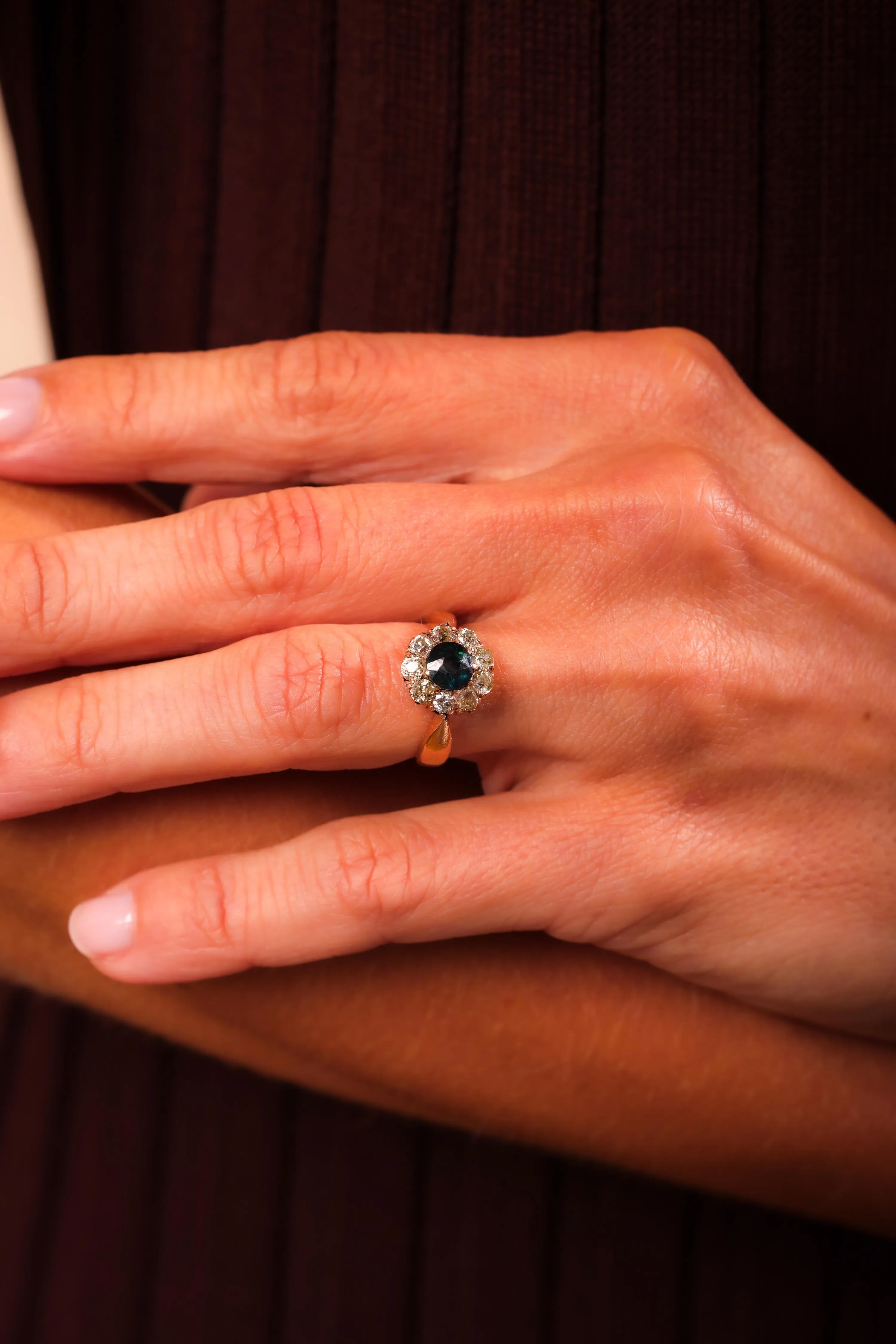 Victorian Sapphire Diamond 18K Rose Gold Cluster Ring