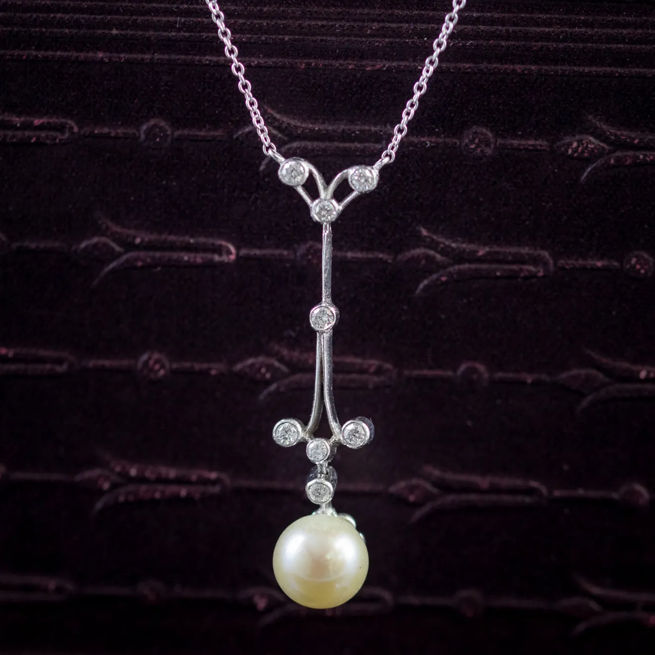 Vintage Pearl Diamond Lavaliere Pendant Necklace 18Ct White Gold