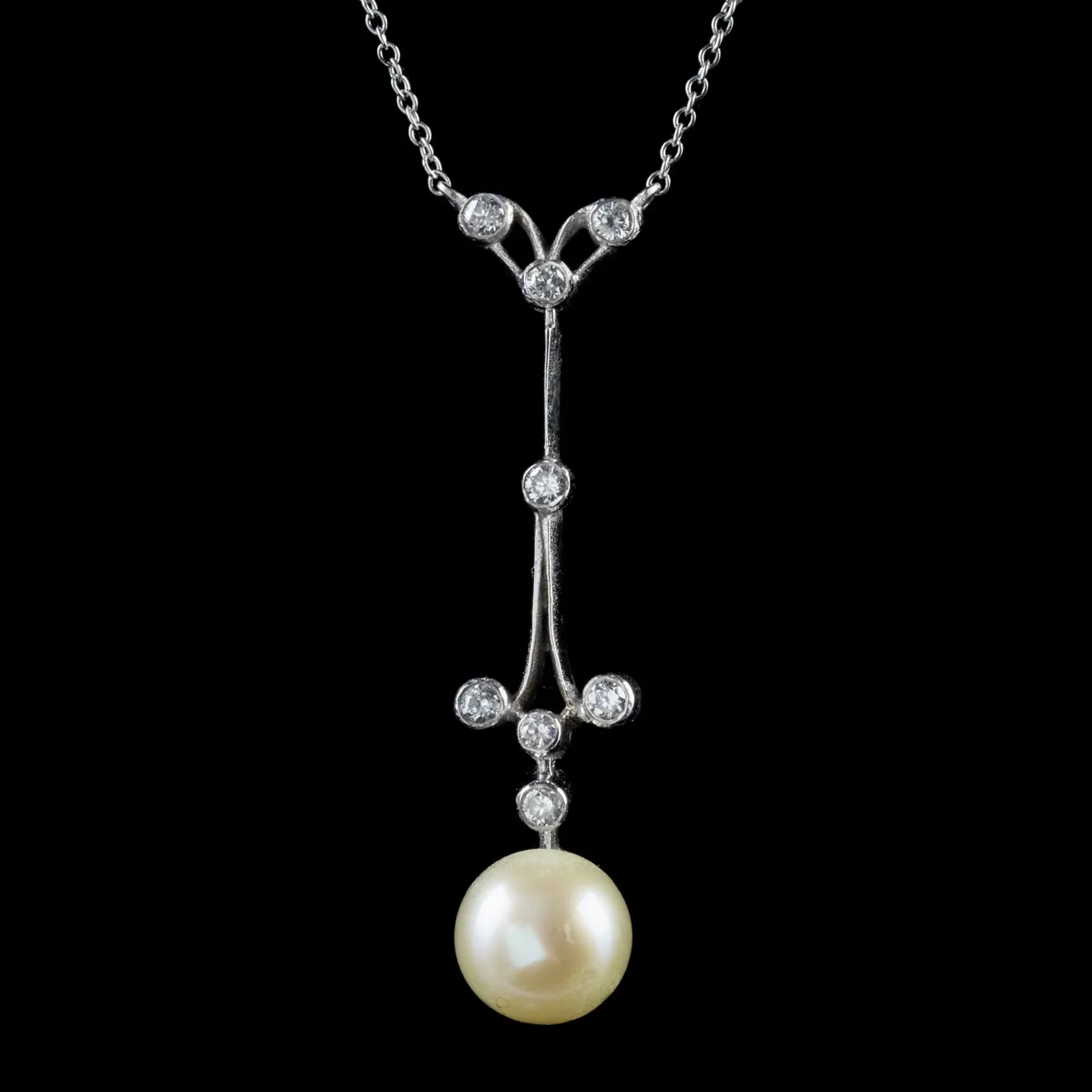 Vintage Pearl Diamond Lavaliere Pendant Necklace 18Ct White Gold