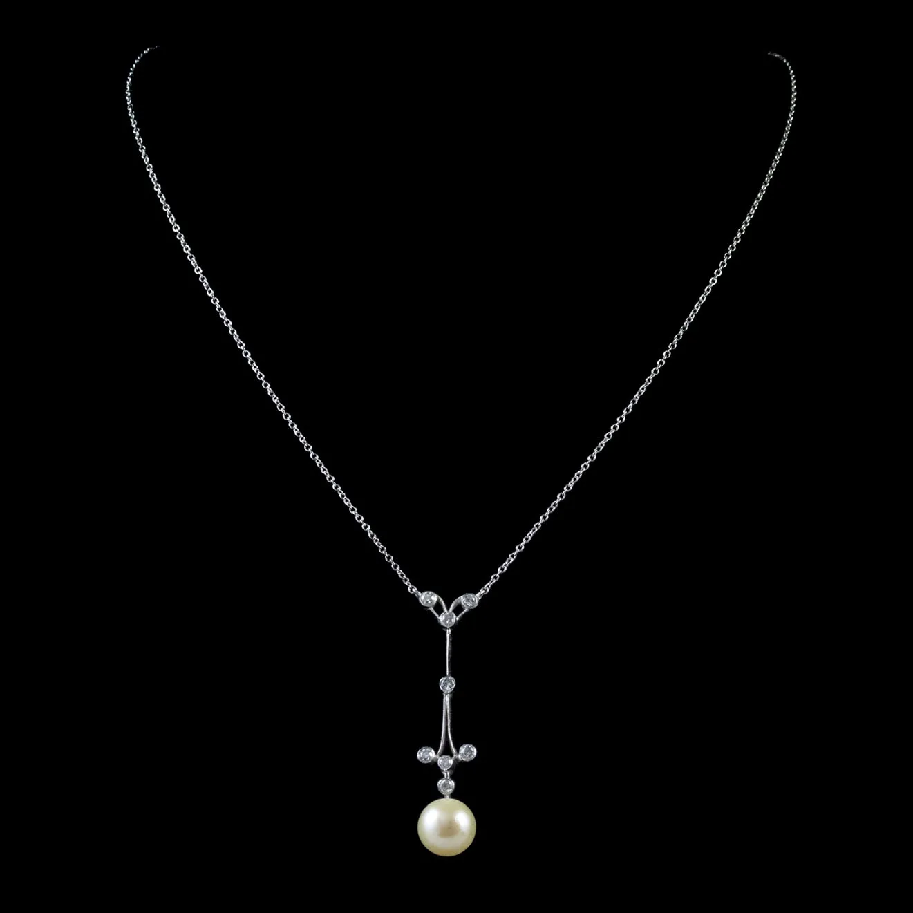 Vintage Pearl Diamond Lavaliere Pendant Necklace 18Ct White Gold