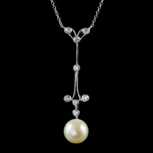 Vintage Pearl Diamond Lavaliere Pendant Necklace 18Ct White Gold