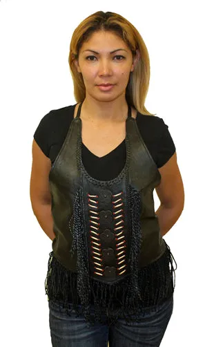 Women Black Top with Beads, Bone, Braid, and Fringe