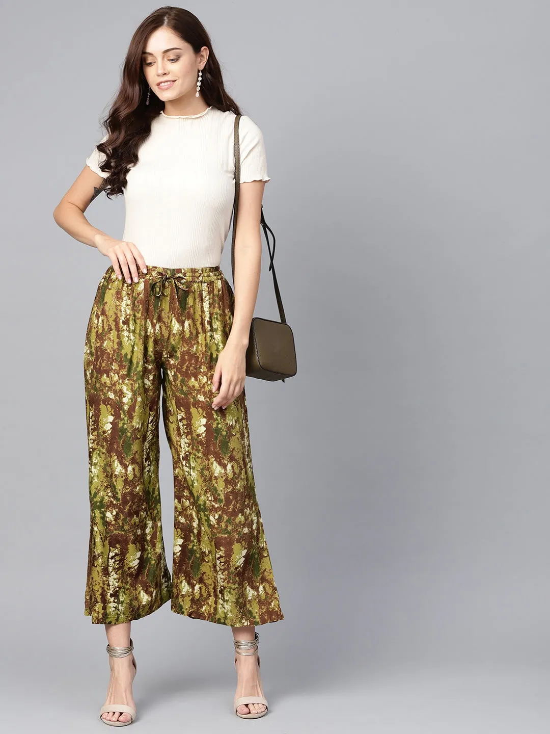 Women Green & Brown Printed Palazzos