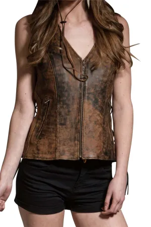 Women's Vintage Brown Dual Pocket Side Lace Real  Leather Zip Vest