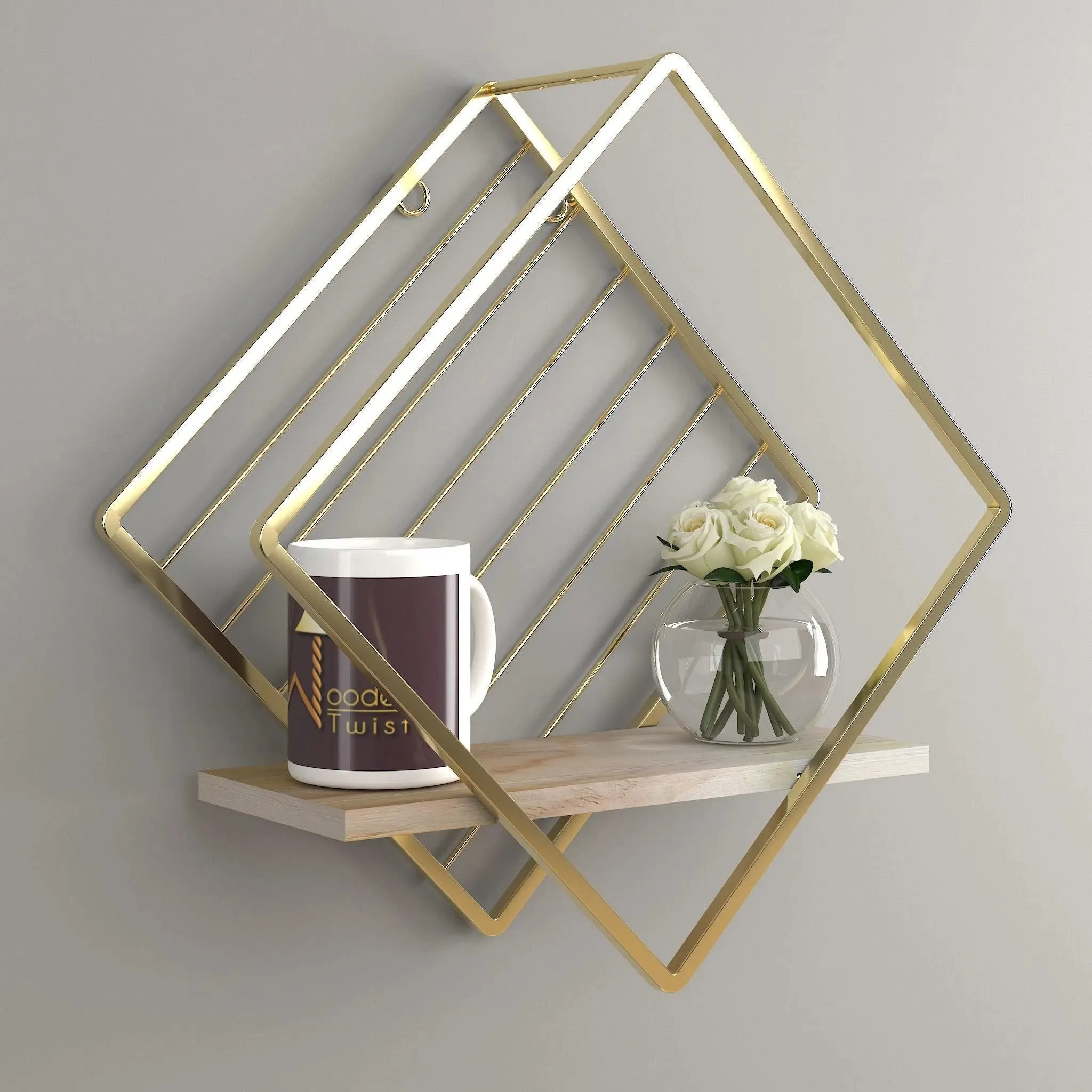 Wooden Twist Metallic Rhombus Shape Wood & Iron Storage Wall Shelf ( Golden )