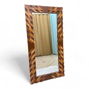 Wooden Twist Nuzzle Traditional Rectangular Hand-Carved Mango Wood Decorative Wall Standing Frame Mirror (48 x 24 inch)