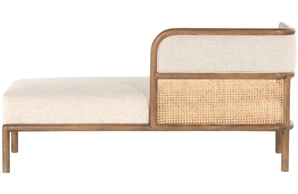 Wooden Twist Teak Wood Chaise Lounge with Curved Framing and Natural Cane Rattan Paneling - Plush Seating in Soft Fabric