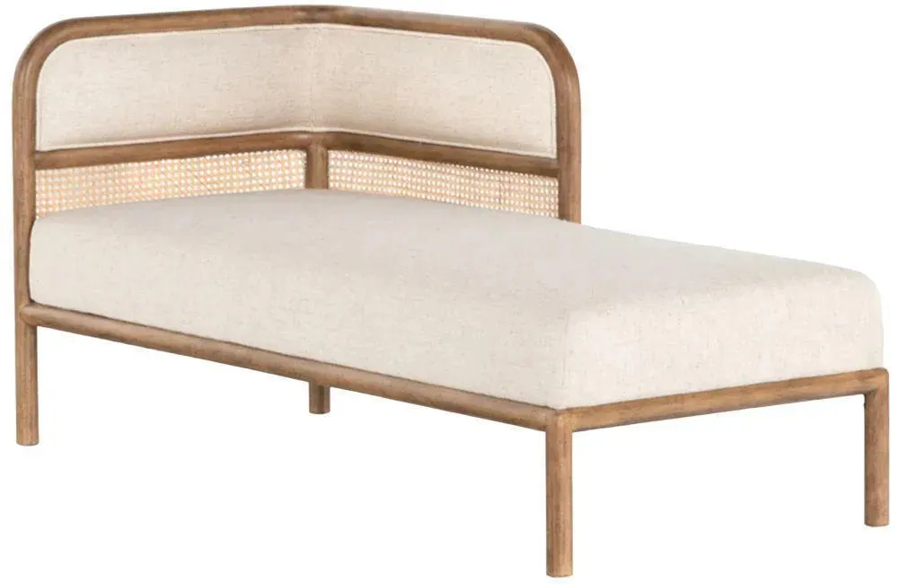 Wooden Twist Teak Wood Chaise Lounge with Curved Framing and Natural Cane Rattan Paneling - Plush Seating in Soft Fabric