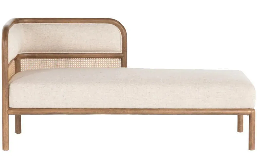 Wooden Twist Teak Wood Chaise Lounge with Curved Framing and Natural Cane Rattan Paneling - Plush Seating in Soft Fabric