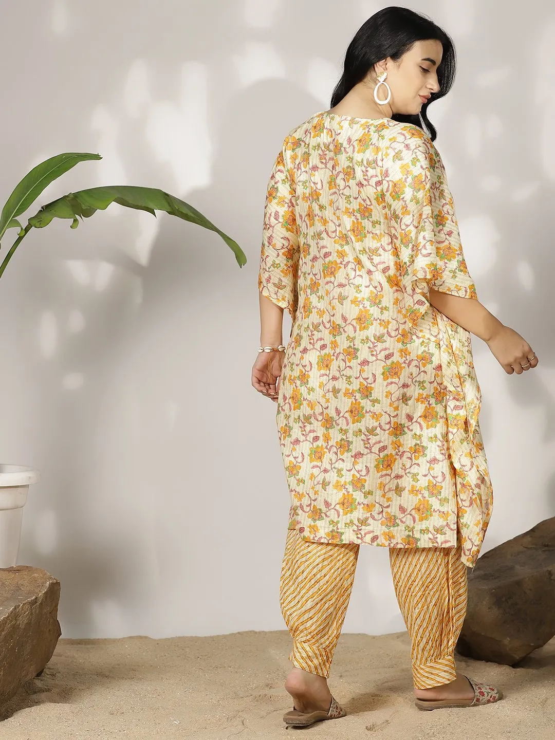 YellowFloral Cotton LongKaftan